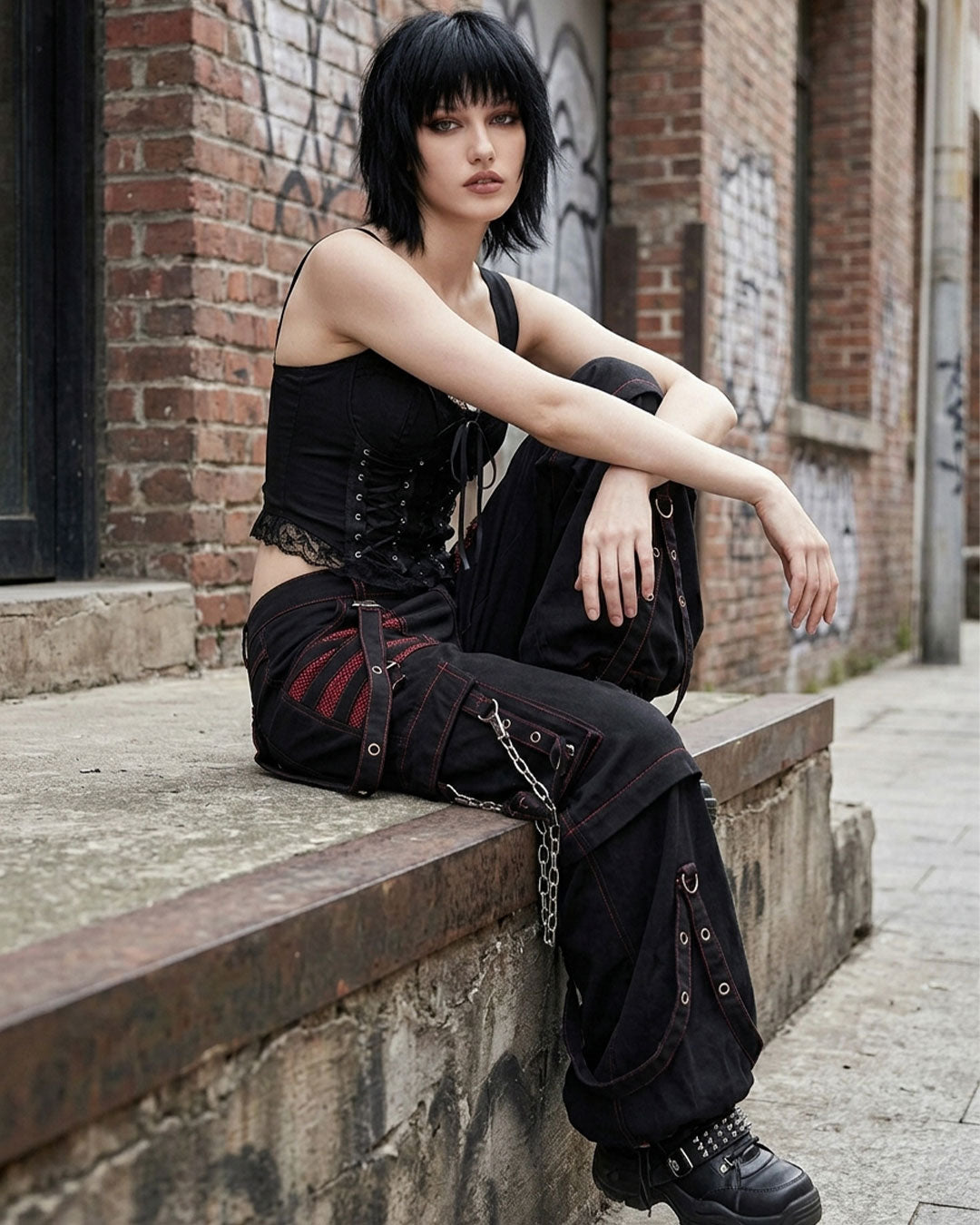 Women’s Gothic Punk Cargo Pants – Black Red Y2K Chain Streetwear Trousers