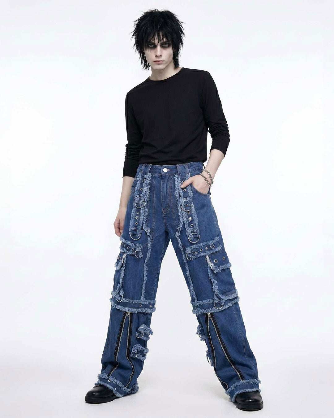 Y2K Distressed Black Denim Cargo Pants