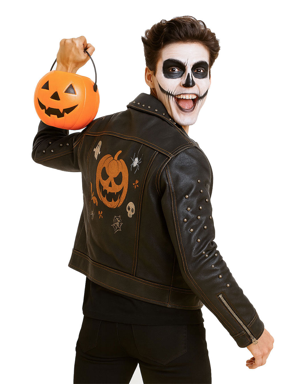 Halloween Pumpkin Studded Leather Jacket – Spooky Skull & Bat Design