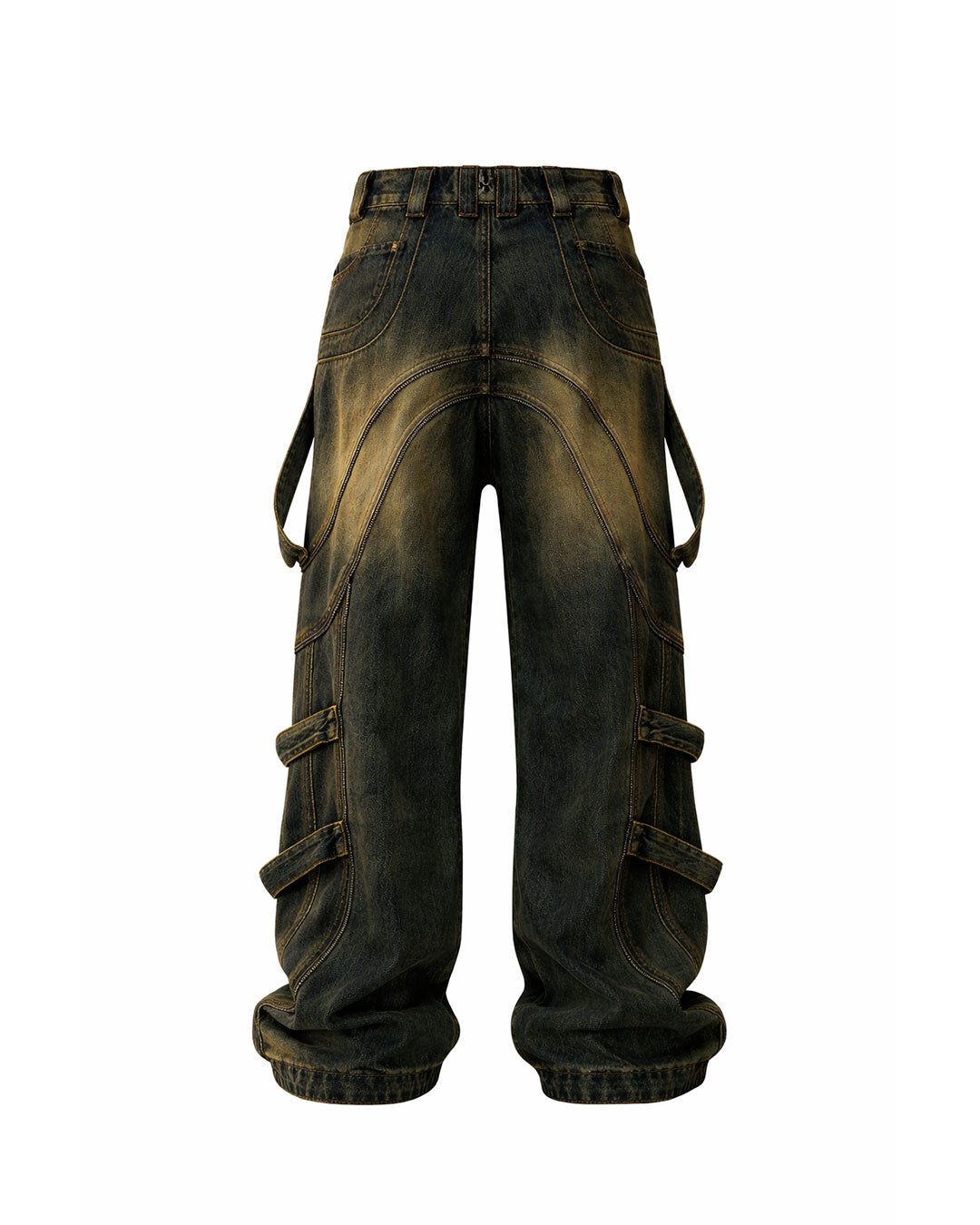 Mens baggy cargo jeans in washed dark denim with wide-leg fit, utility straps, curved seam panels, and streetwear styling shown in product and model view.