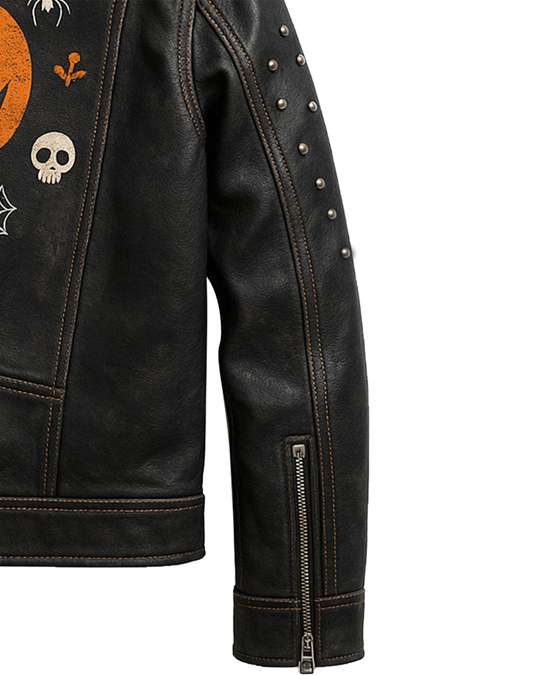 Halloween Pumpkin Studded Leather Jacket – Spooky Skull & Bat Design