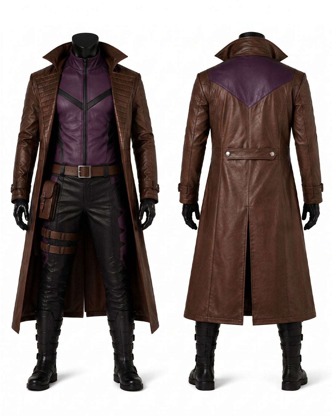 A brown faux-leather costume coat displayed on a mannequin, shown from both the front and back views. The front view includes a matching purple vest, black pants, and black boots, while the back view shows a purple shoulder panel.