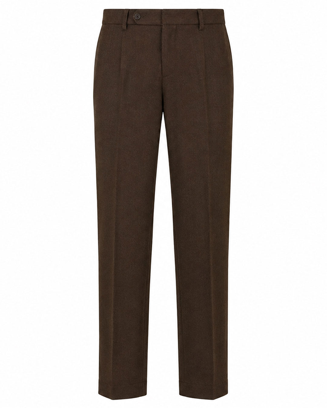 A pair of dark brown trousers shown flat against a solid white background.