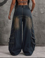 Women's Loose Fit Baggy Jeans – Button Pocket & Zipper Embellished