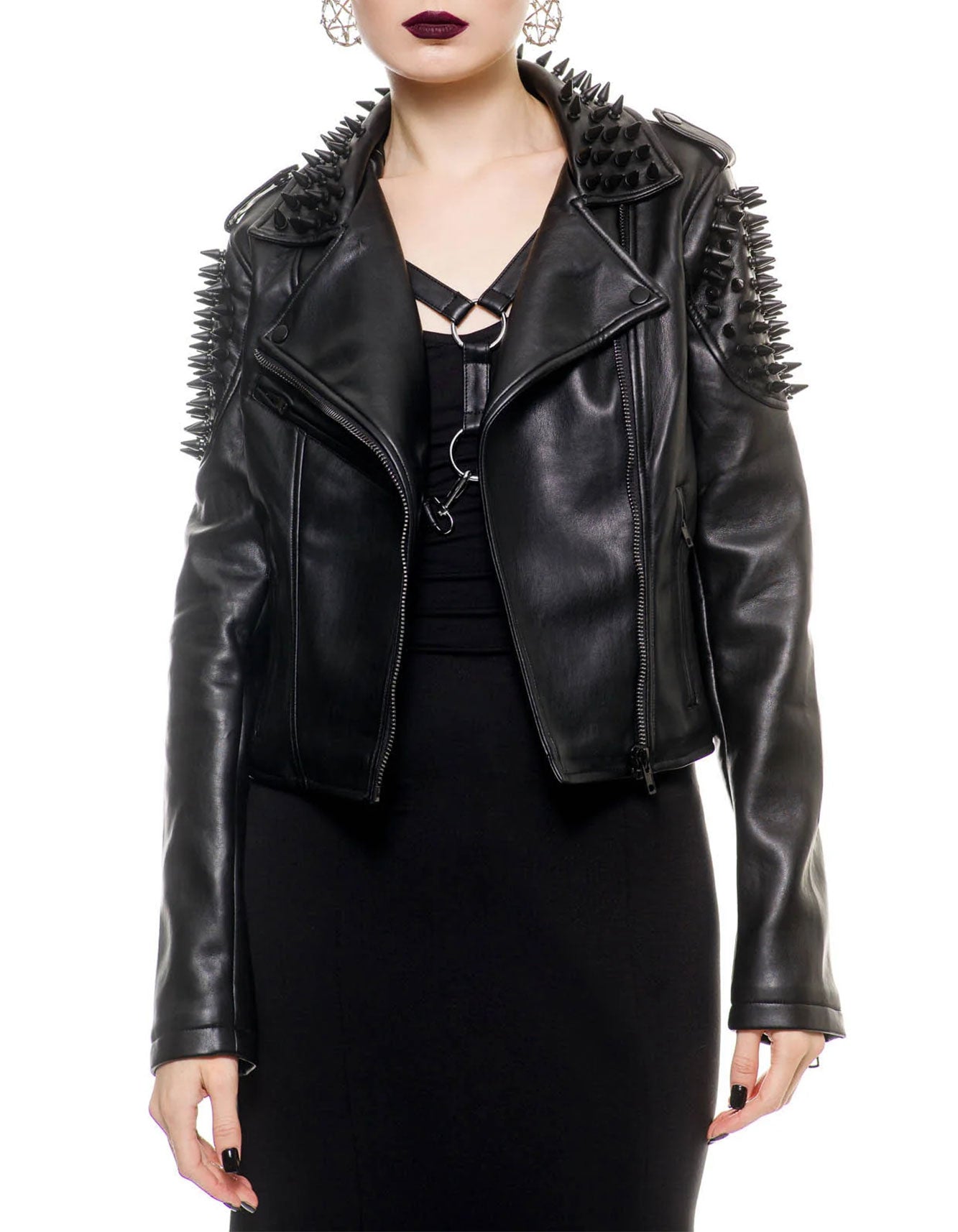 Black Leather Studded Moto Jacket -   - Trippprs