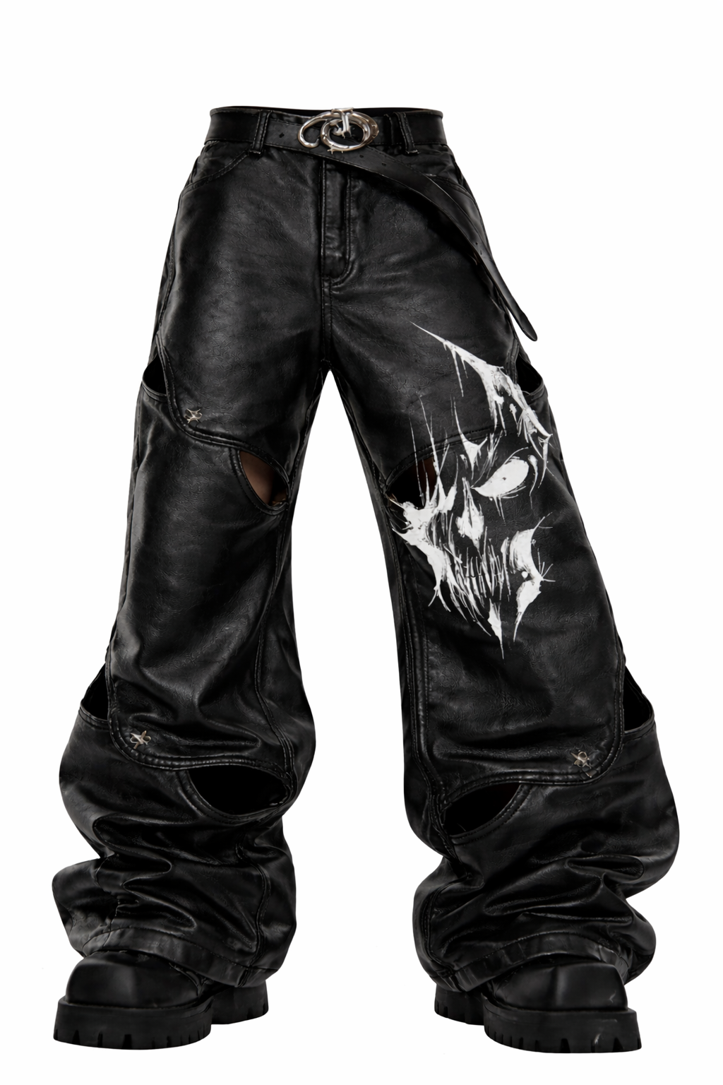 Gothic leather pants for men in black with wide-leg fit, leather-look finish, bold front graphic detail, and oversized alternative streetwear styling shown in lifestyle front and back view.