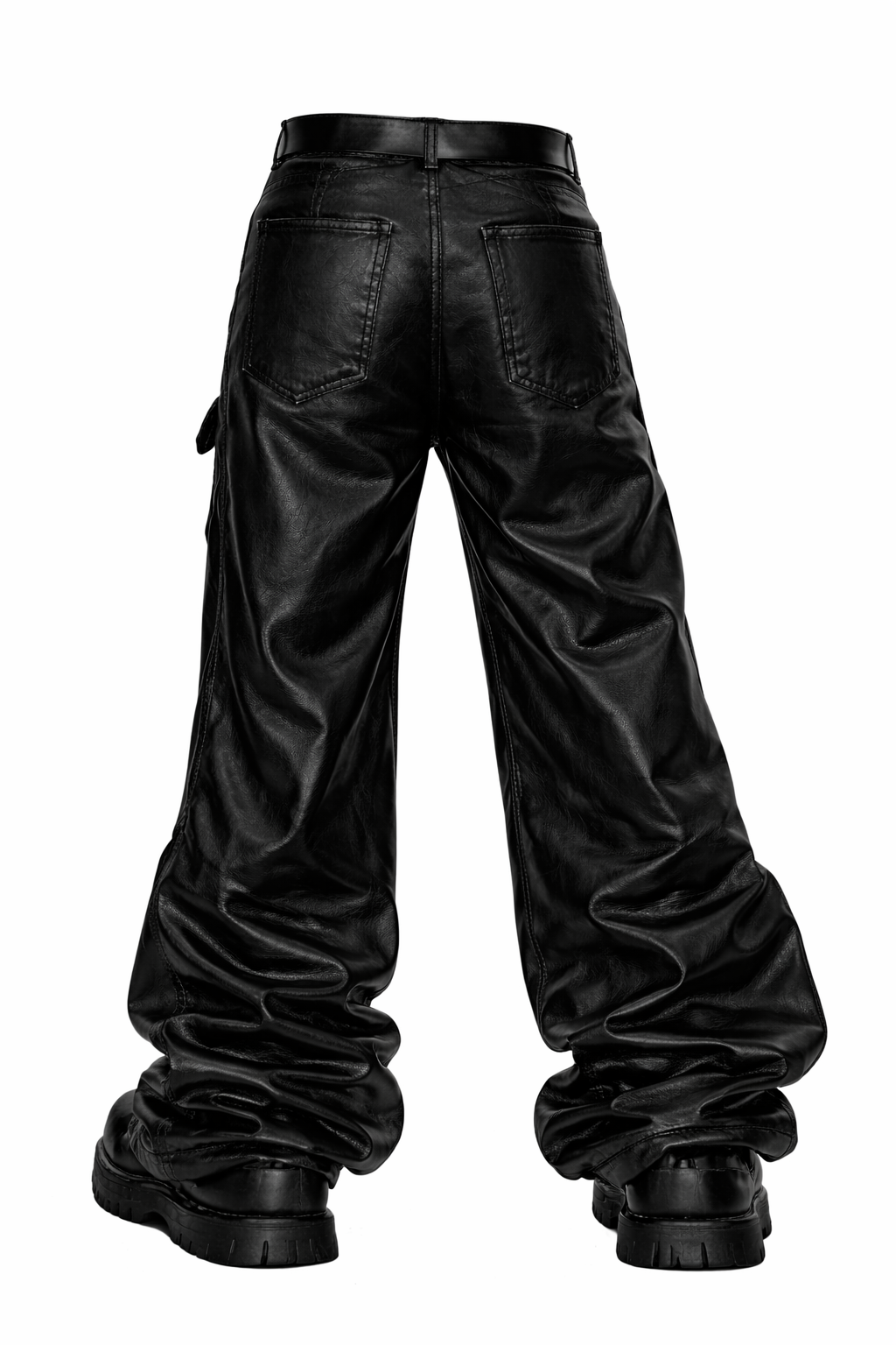 Gothic leather pants for men in black with wide-leg fit, leather-look finish, bold front graphic detail, and oversized alternative streetwear styling shown in lifestyle front and back view.