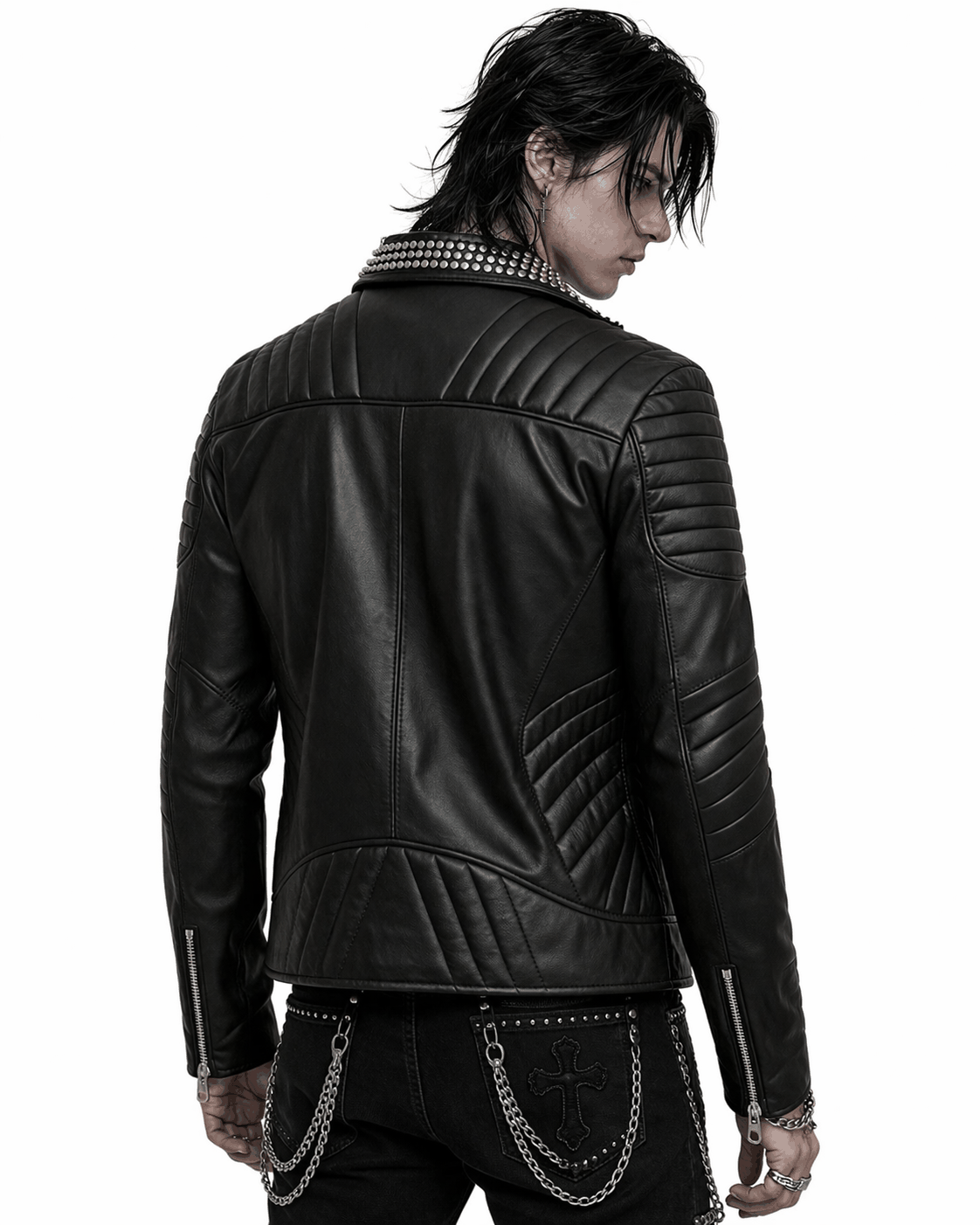 Black leather jacket with gold and silver studs on shoulders and collar, asymmetrical zipper, and tailored fit
