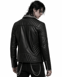 Black leather jacket with gold and silver studs on shoulders and collar, asymmetrical zipper, and tailored fit
