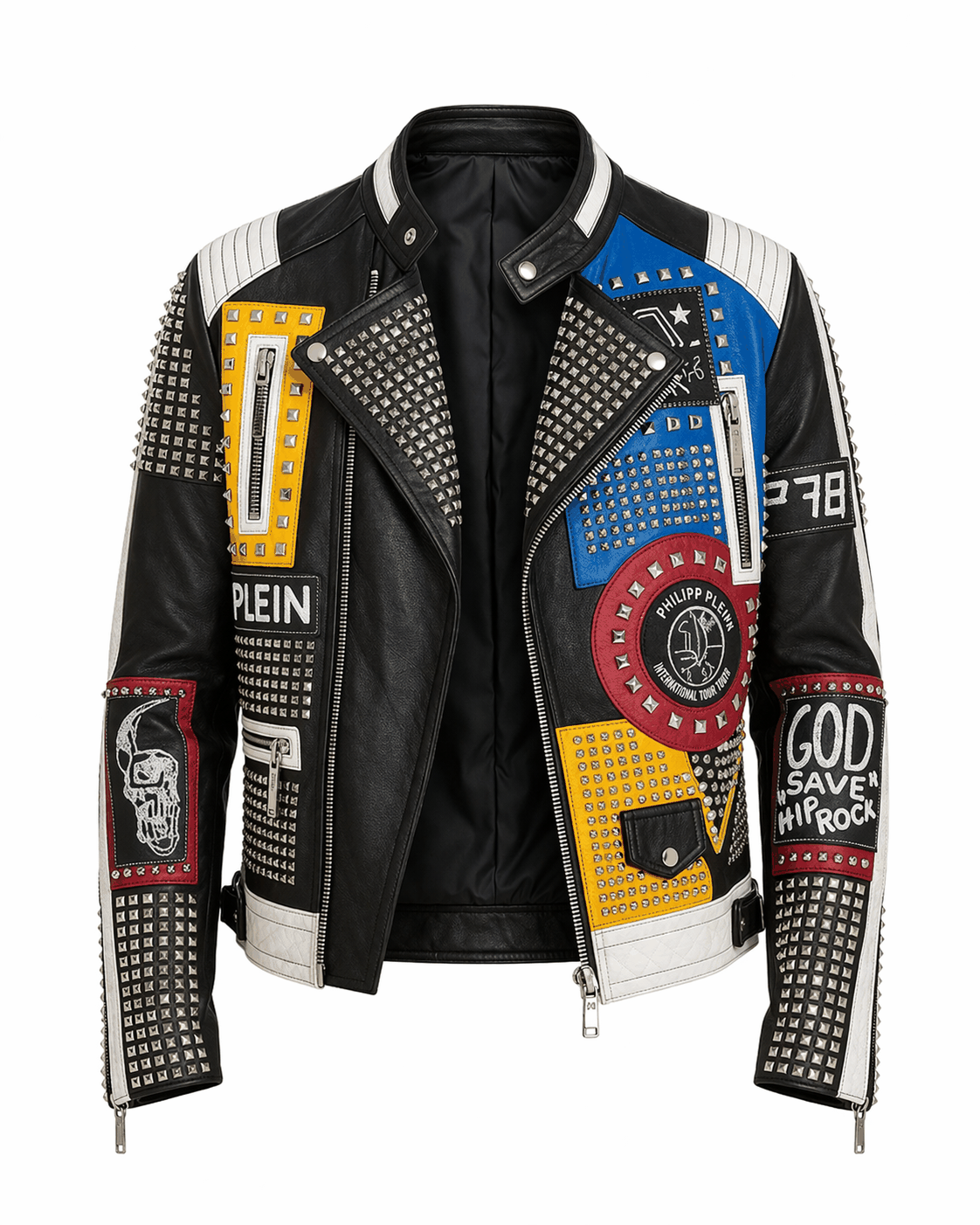 Men’s multicolor patchwork leather jacket with vibrant patches, studs, and graphic details on black leather base