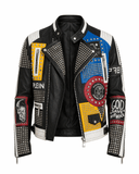 Men’s multicolor patchwork leather jacket with vibrant patches, studs, and graphic details on black leather base