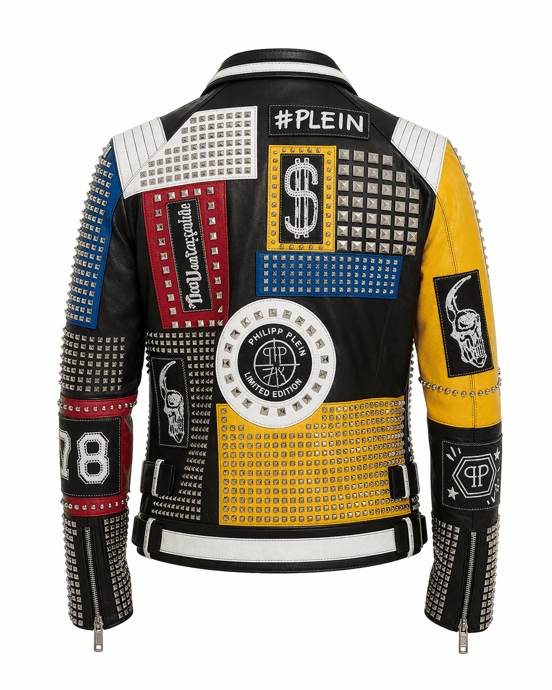 Men’s multicolor patchwork leather jacket with vibrant patches, studs, and bold graphic detailing on black leather base