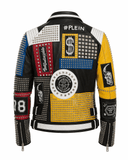 Men’s multicolor patchwork leather jacket with vibrant patches, studs, and bold graphic detailing on black leather base