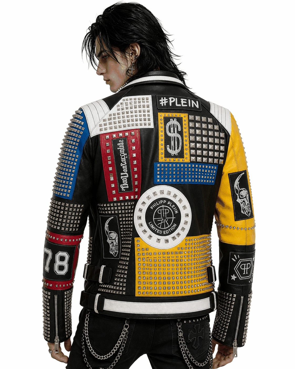 Men’s multicolor patchwork leather jacket with vibrant patches and studded detailing on black leather base