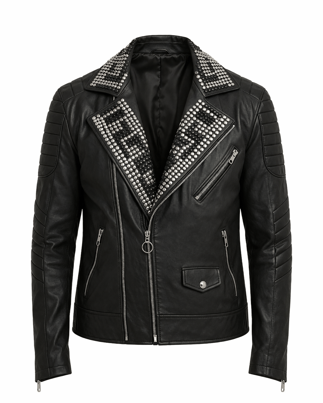 Black leather jacket with gold and silver studs, asymmetrical zipper, and tailored fit.