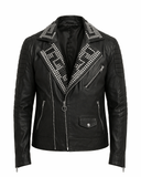 Black leather jacket with gold and silver studs, asymmetrical zipper, and tailored fit.