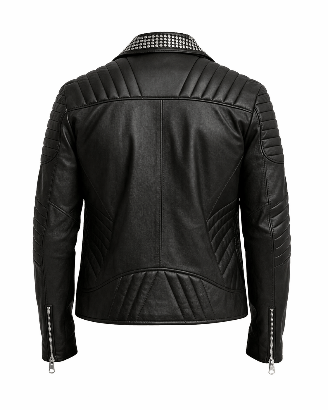 Black leather jacket with gold and silver studs on shoulders and collar, asymmetrical zipper, tailored fit, premium cowhide leather.