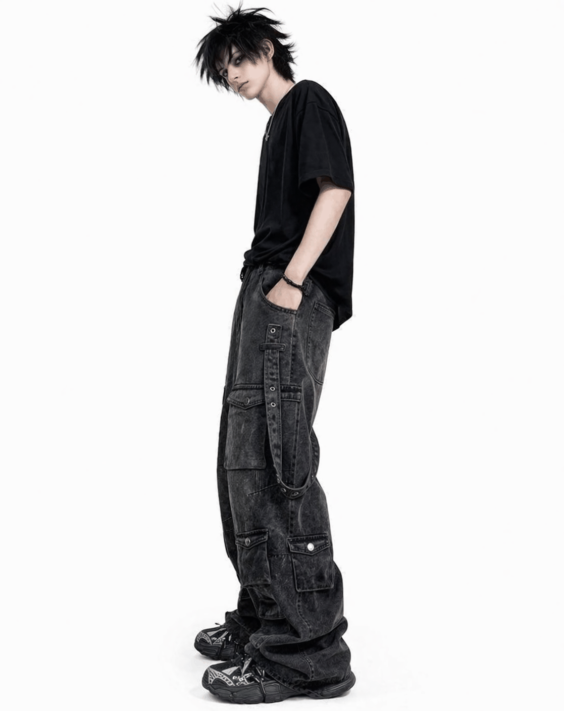 Black baggy cargo jeans for men with oversized fit, washed black denim look, and multiple utility flap pockets in streetwear style.