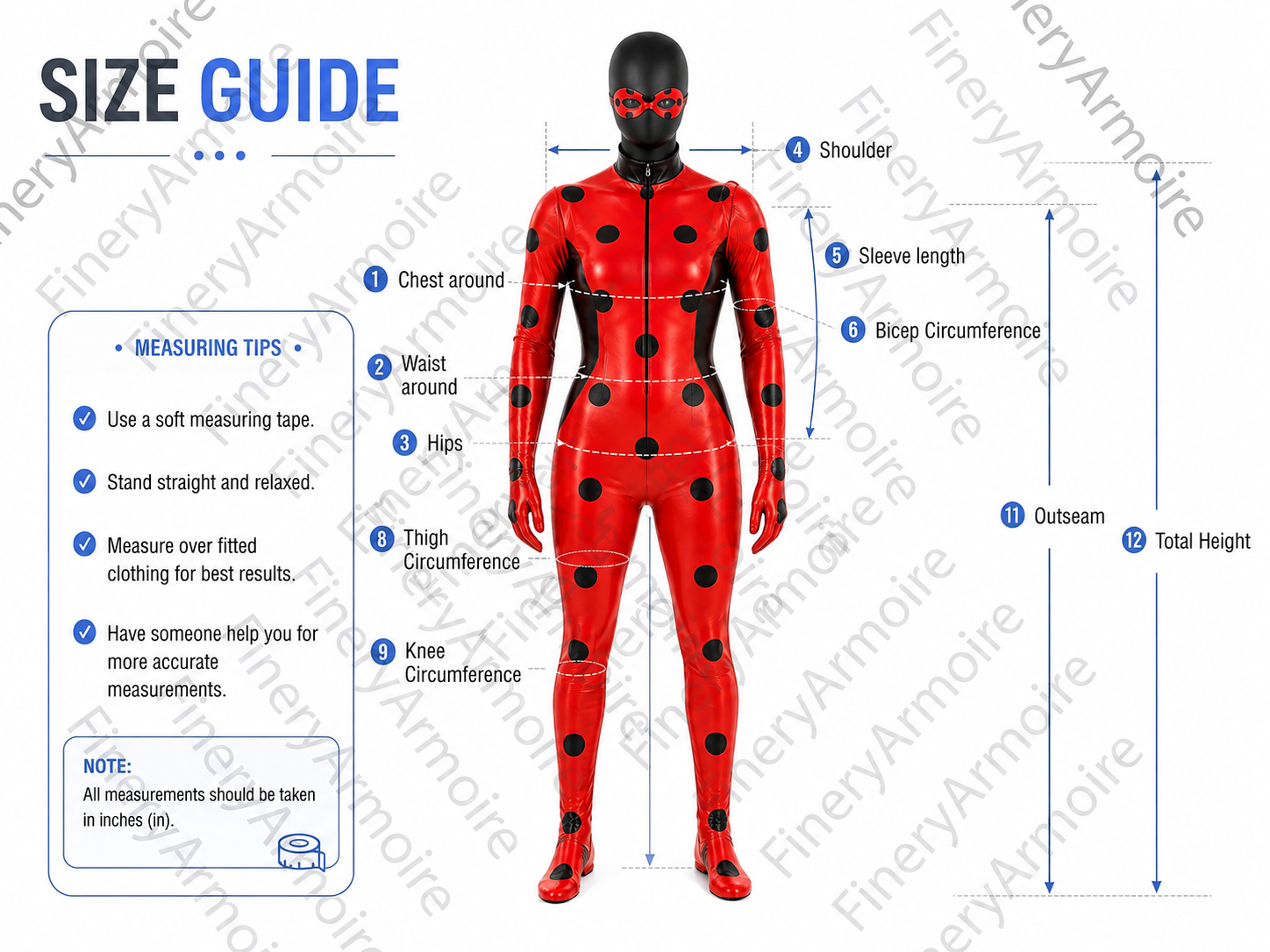 A size guide diagram for a red full-body bodysuit with black polka dots, showing a front view of the suit with measurement callouts for shoulder, chest, waist, hips, thighs, knees, sleeve length, bicep circumference, outseam, and total height. The left side includes measuring tips and a note in inches.