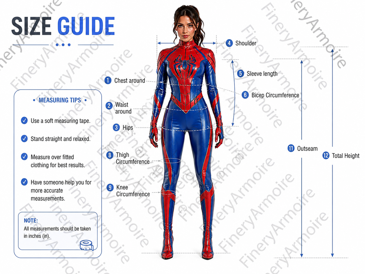 Size guide chart showing a model in the red and blue superhero cosplay catsuit with numbered measurement points for chest, waist, hips, shoulder, sleeve length, bicep, thigh, knee, outseam, and total height, along with measuring tips for accurate sizing.