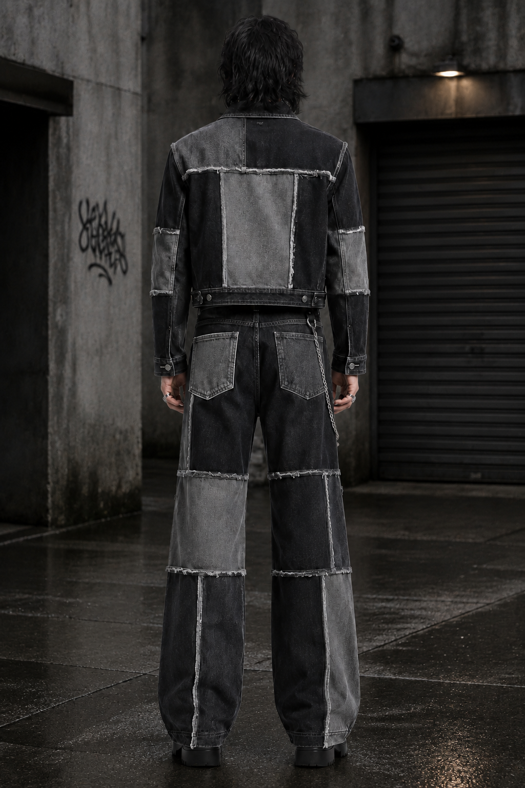 Men’s double denim outfit set with black and grey patchwork jacket and baggy wide-leg jeans front view