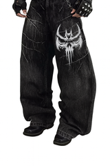 Unisex Gothic Skull Embroidered Baggy Jeans | Vintage Washed Streetwear Pant