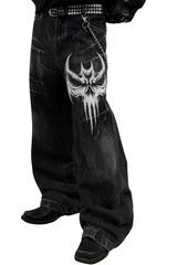 Unisex Gothic Skull Embroidered Baggy Jeans | Vintage Washed Streetwear Pant