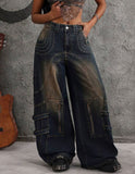 Women's Loose Fit Baggy Jeans – Button Pocket & Zipper Embellished