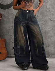 Women's Loose Fit Baggy Jeans – Button Pocket & Zipper Embellished