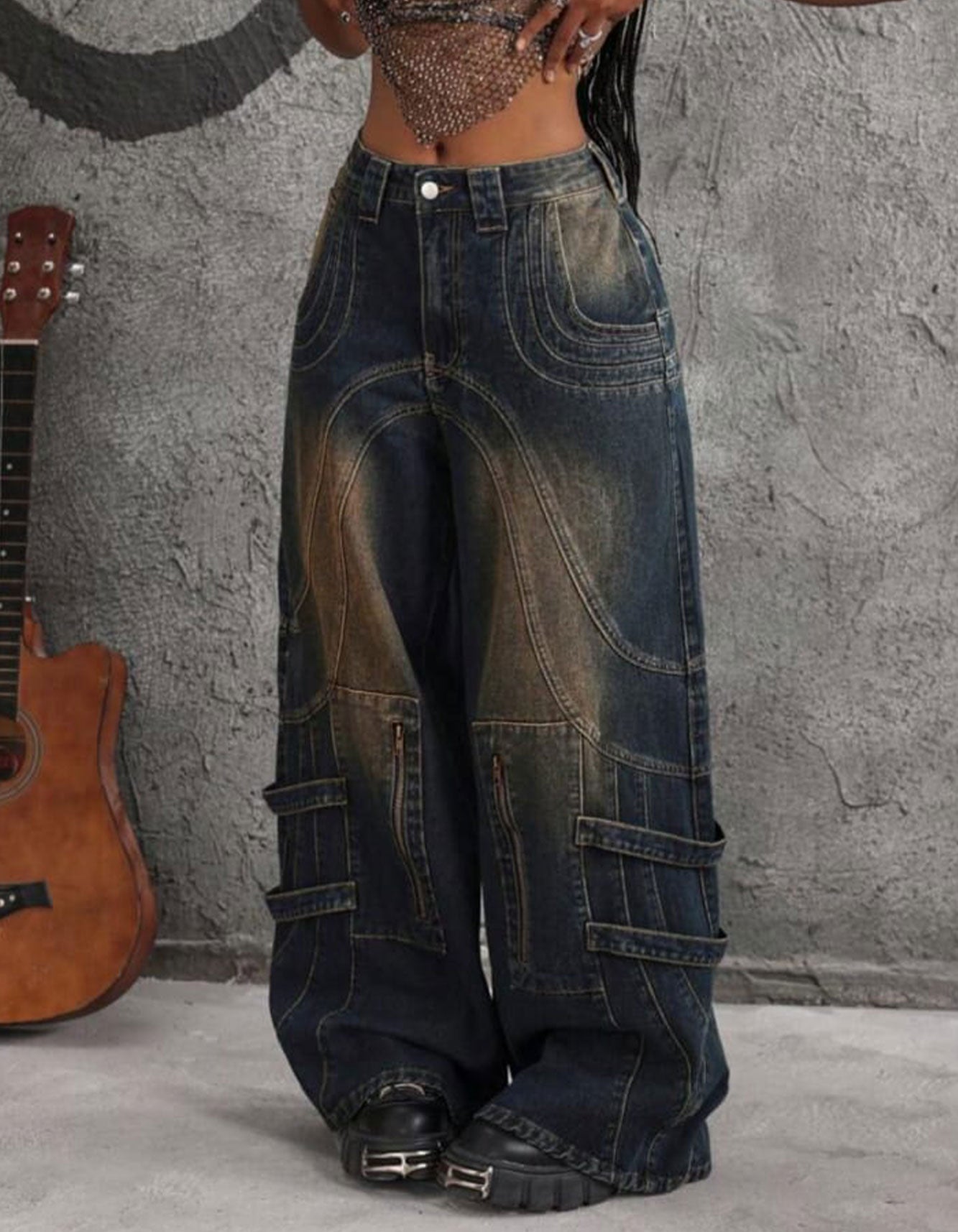 Women's Loose Fit Baggy Jeans – Button Pocket & Zipper Embellished