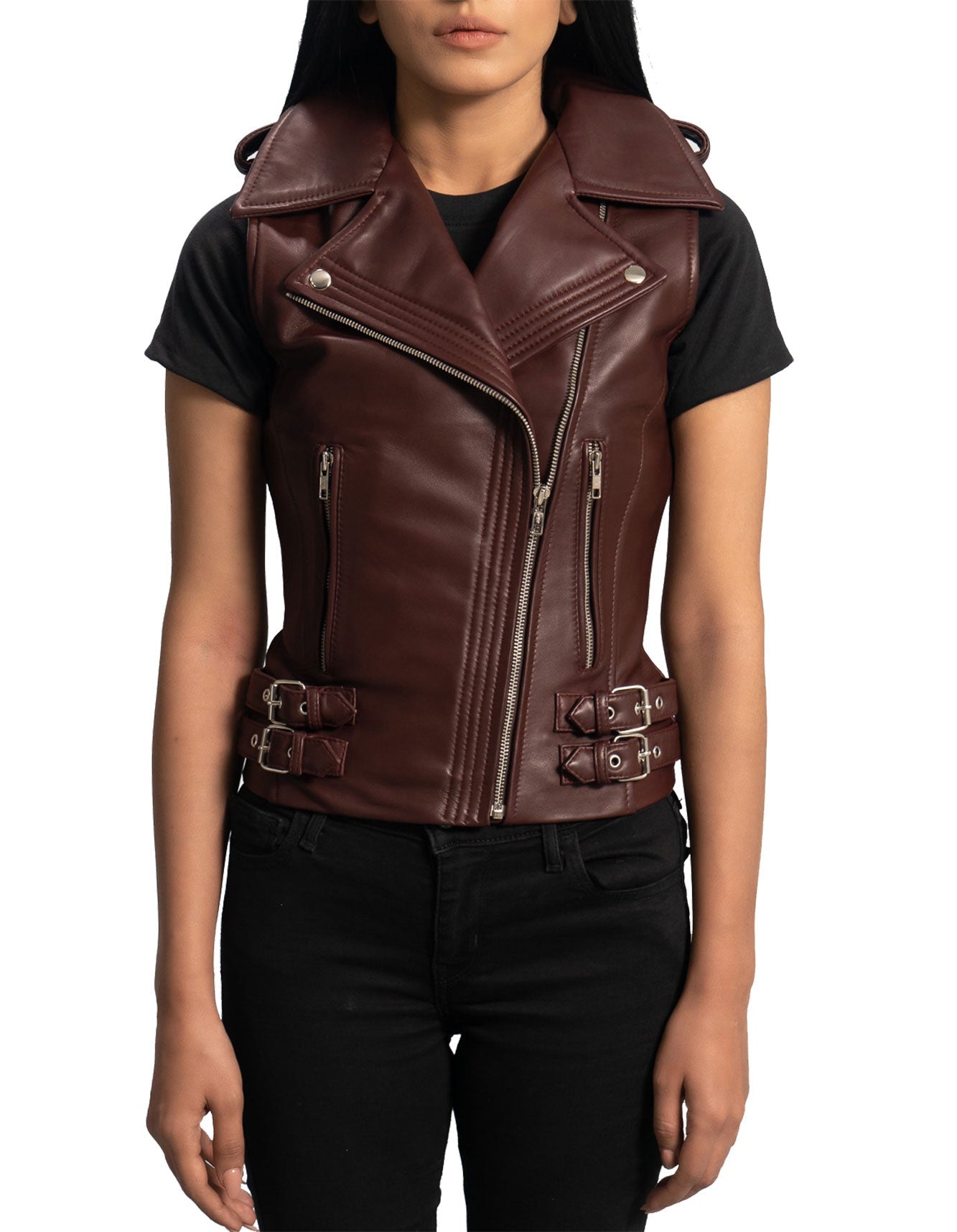 Maroon Leather Biker Vest -  -  - Trippprs