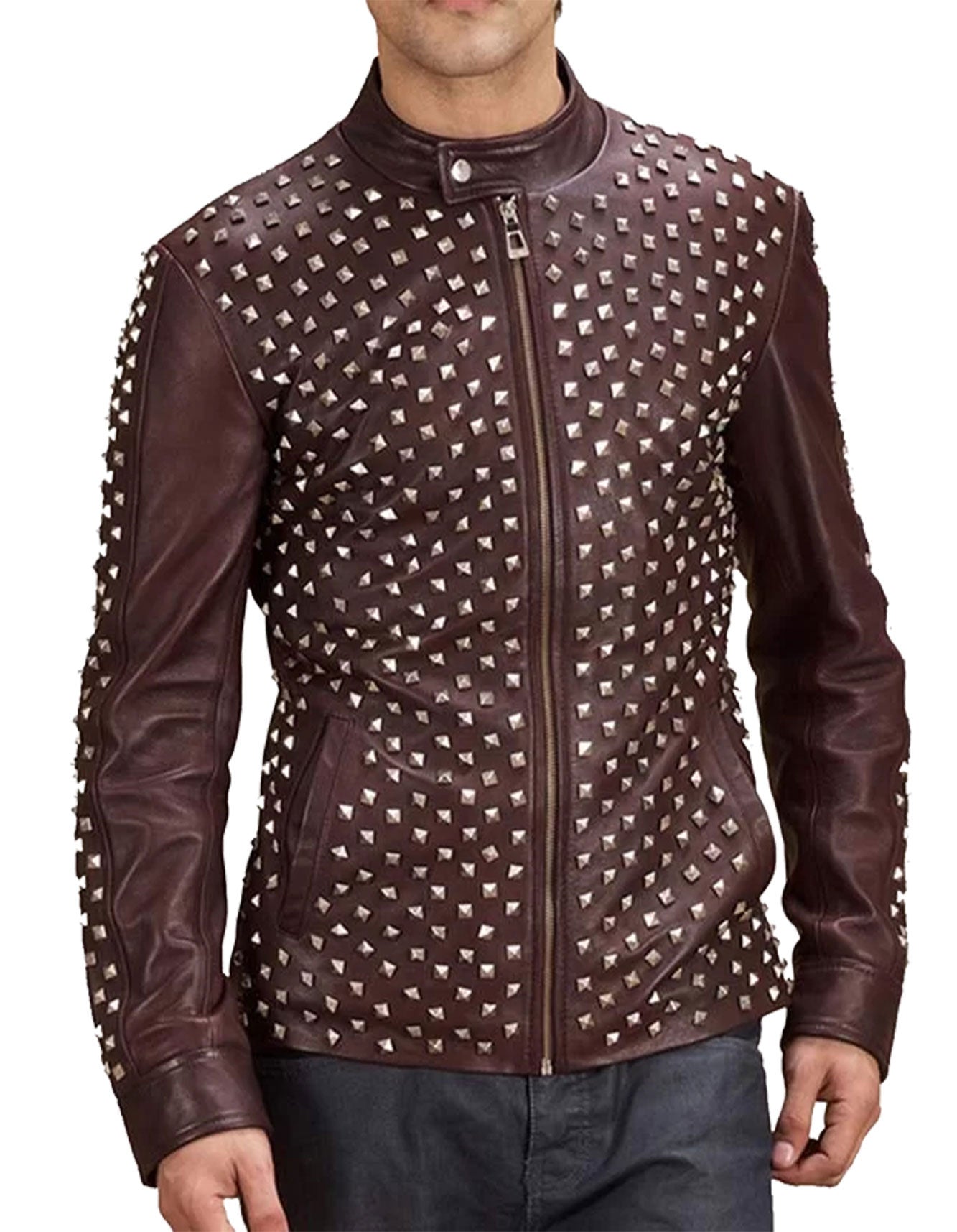 Maroon Spiked Sizzle Leather Jacket -  -  - Trippprs