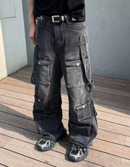 Multi-Pocket Strapped Man's Cargo Jeans