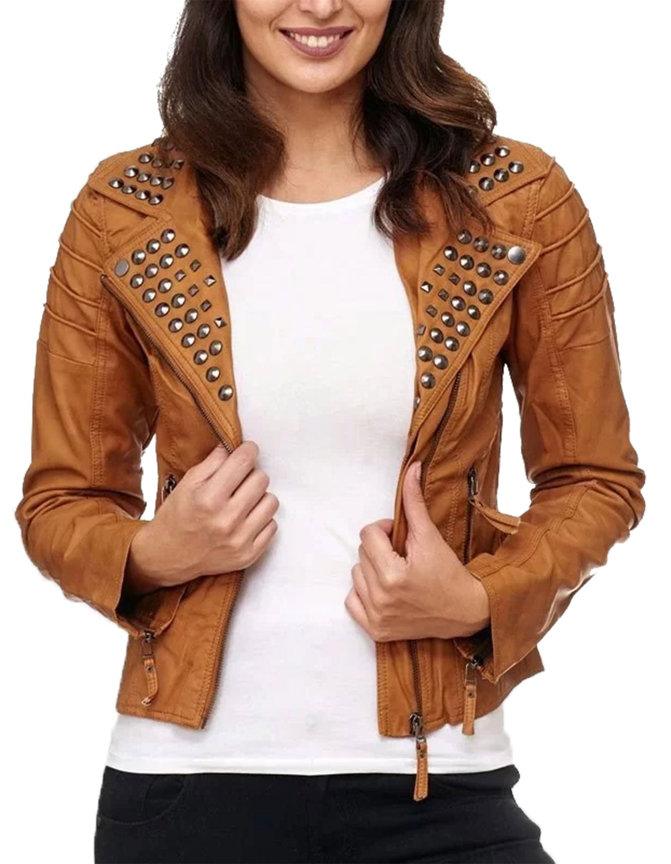 Studded Brown Biker Jacket -  -  - Trippprs