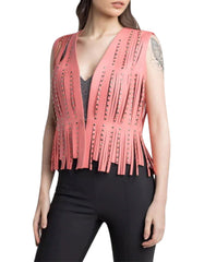 Studded Fringe Leather Vest Pink -  -  - Trippprs