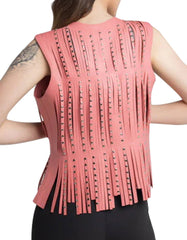 Studded Fringe Leather Vest Pink -  -  - Trippprs
