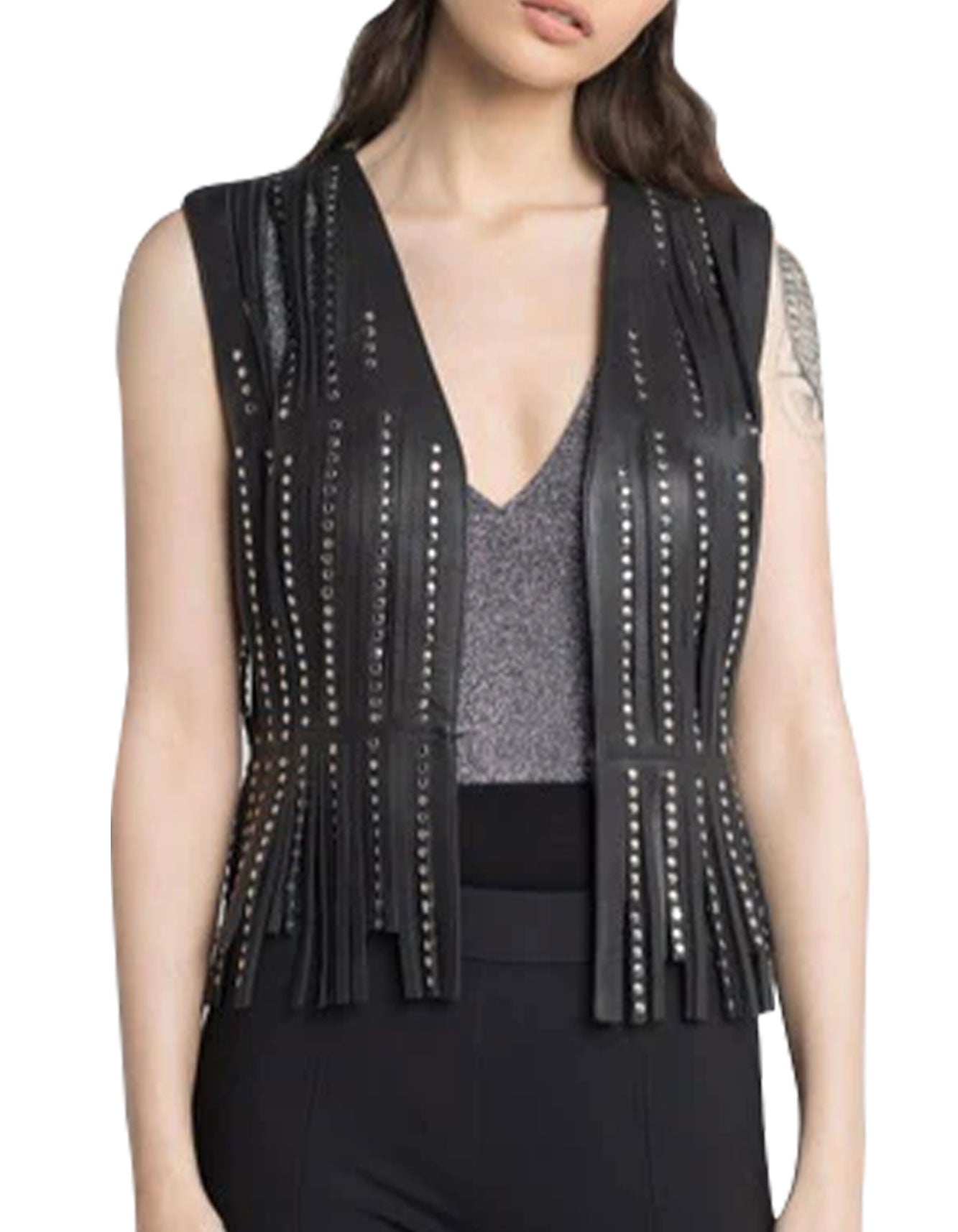 Studded black fringe leather vest -  -  - Trippprs