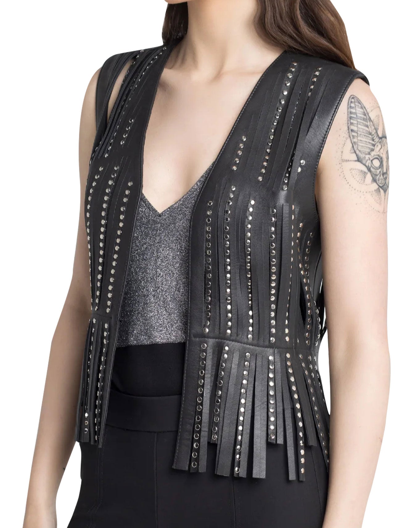 Studded black fringe leather vest -  -  - Trippprs