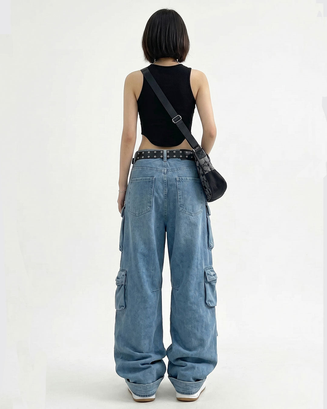 Denim Multi-Pocket Tooling Pants – Gothic Punk Strap Flare Jeans with Zippers & Grommets