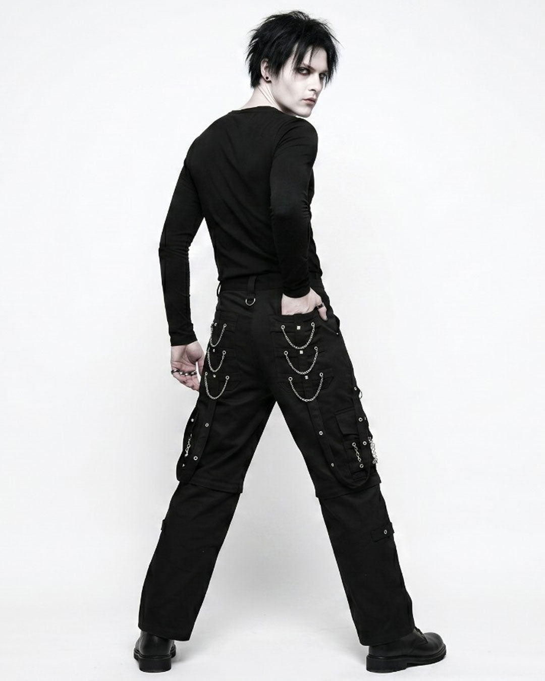 Men's relaxed-fit black punk cargo pants with spider web graphic, back view