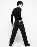 Men's relaxed-fit black punk cargo pants with spider web graphic, back view