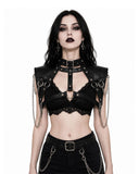 Women wearing a black gothic leather shoulder harness with buckle collar, studded straps, O-rings and silver chains, front view