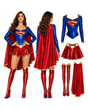 Supergirl costume set shown on a model from the front and back, plus separate views of the outfit components: bodysuit, cape, skirt, boots, and top. The costume is primarily red and blue with gold trim and a red-and-yellow S-shield logo.
