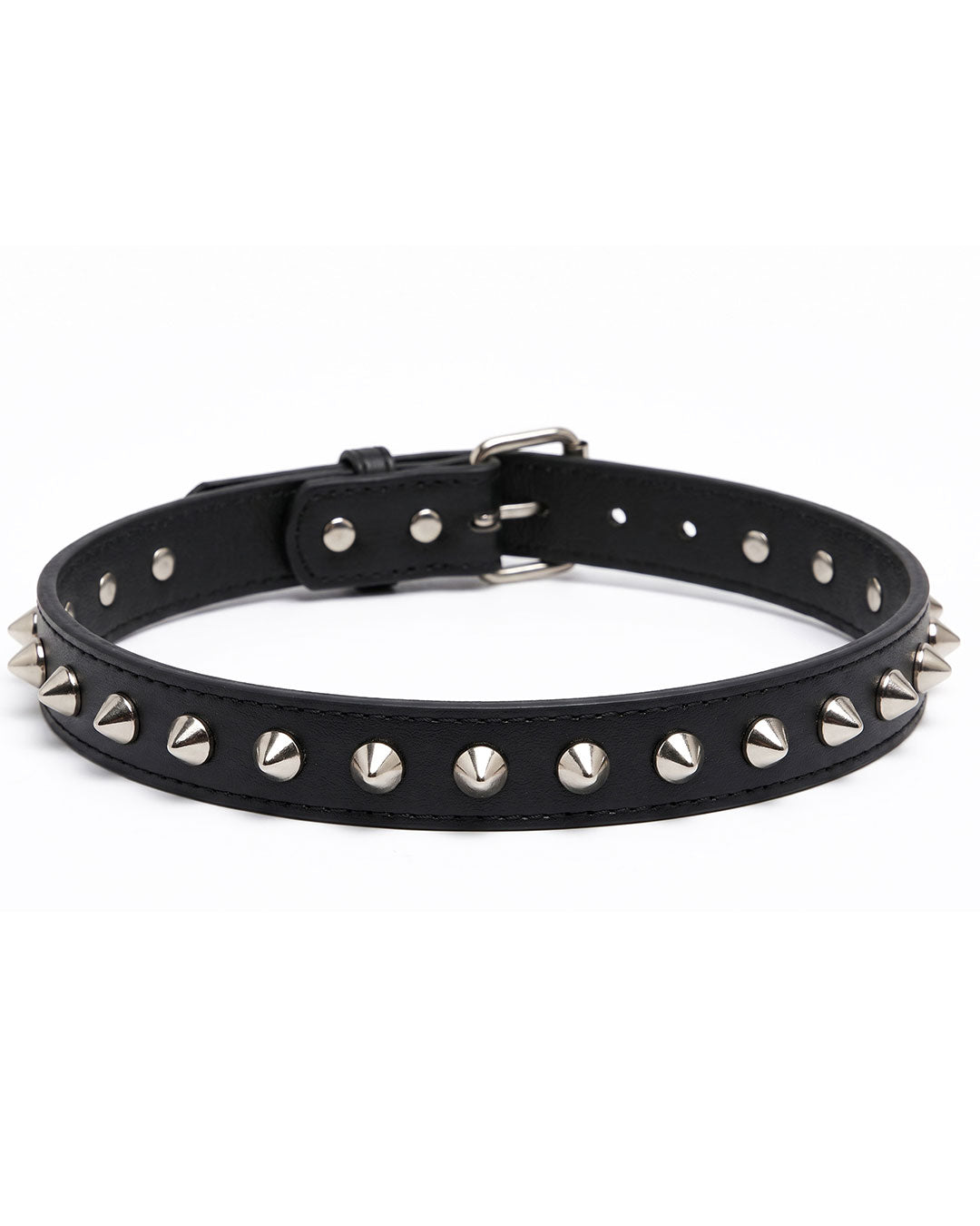 A black leather collar featuring silver-tone metal spikes and studs, displayed on a clean white background.