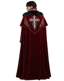 Back view of men’s red fur cloak with black shoulder collar, embroidered cross motif and flowing floor-length medieval silhouette.