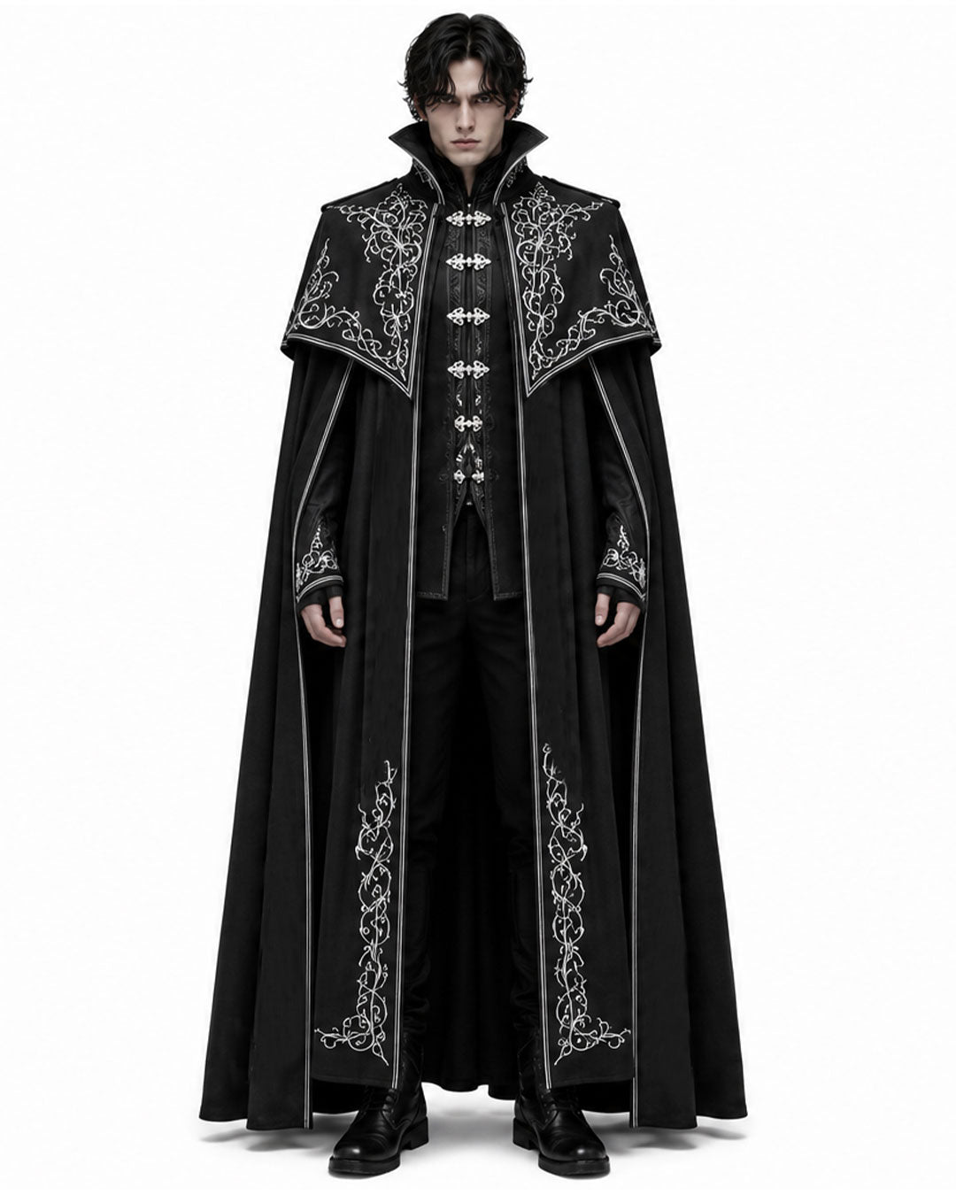 Men’s black vampire cloak costume with high collar, silver Gothic embroidery, front clasps and a floor-length medieval cape design.