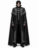 Men’s black vampire cloak costume with high collar, silver Gothic embroidery, front clasps and a floor-length medieval cape design.