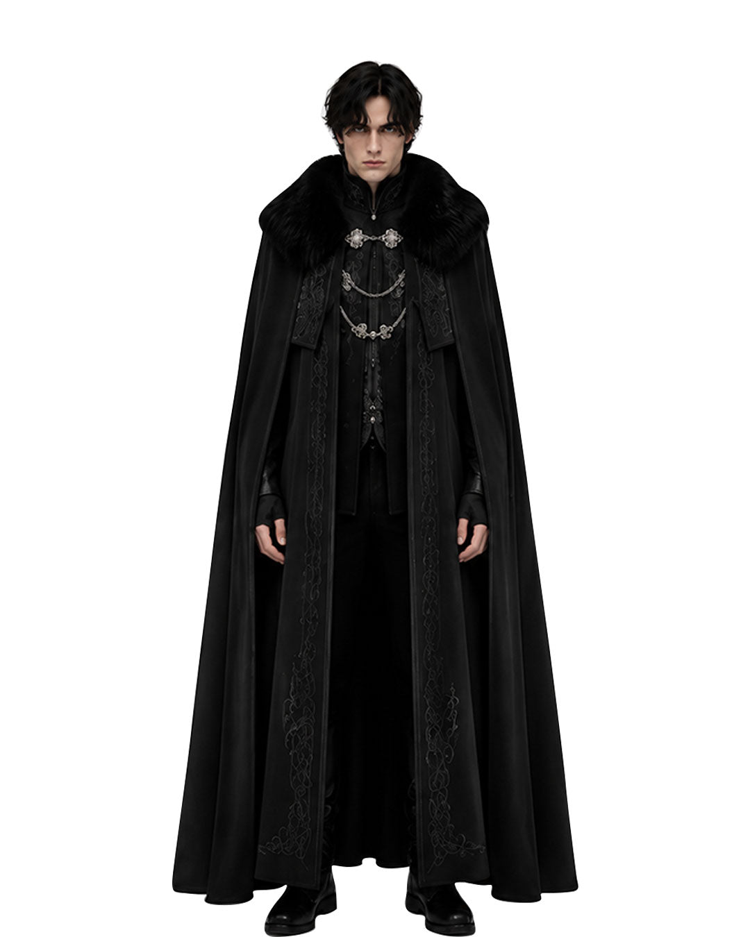 Men’s black Gothic vampire cloak with fur-style collar, silver chain clasps, tonal ornamentation and a floor-length medieval silhouette.