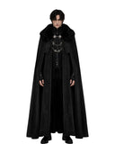Men’s black Gothic vampire cloak with fur-style collar, silver chain clasps, tonal ornamentation and a floor-length medieval silhouette.