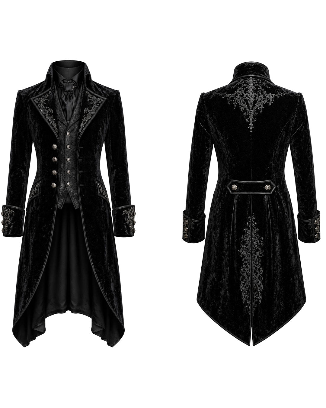 A long black velvet gothic-style coat shown from both front and back views on a plain white background. The coat features ornate silver-gray embroidered patterns, a high collar, structured shoulders, and decorative button details.